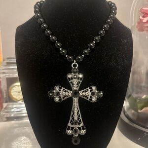 black beaded silver gothic cross pendant choker necklace